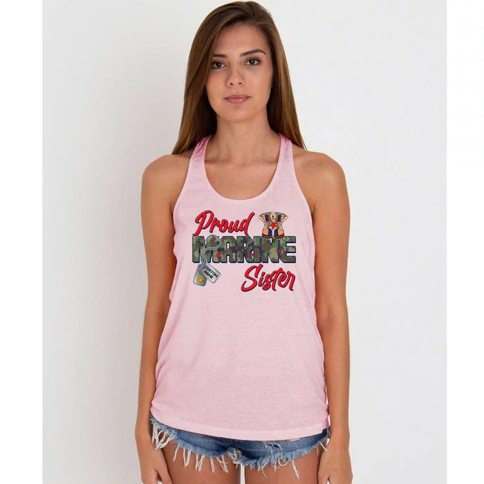 Proud Marine Sister Personalize Dog Tags Women's Knotted Racerback Tank