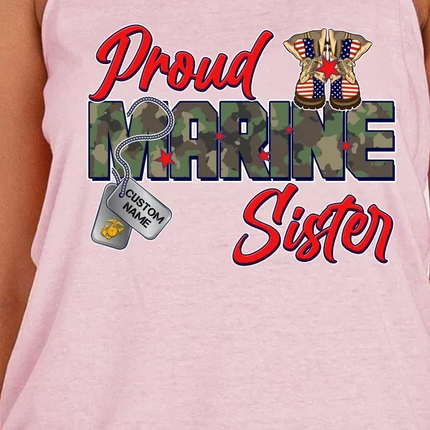 Proud Marine Sister Personalize Dog Tags Women's Knotted Racerback Tank