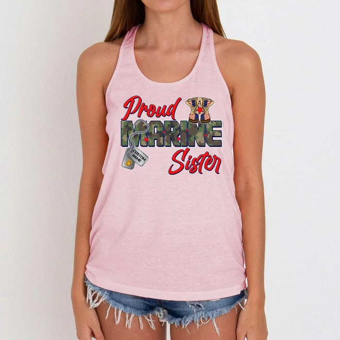 Proud Marine Sister Personalize Dog Tags Women's Knotted Racerback Tank