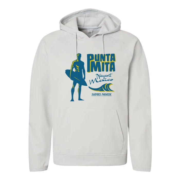 Punta Mita Surfer Silhouette Vintage Performance Fleece Hoodie