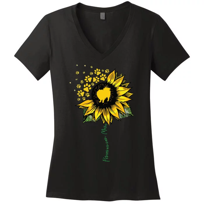 Pomeranian Mom Sunflower Pomeranian Gifts Dog Mom Mama Women's V-Neck T-Shirt