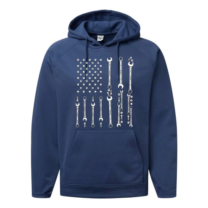 Patriotic Mechanic Tools Independence Day Usa Flag Gift Performance Fleece Hoodie