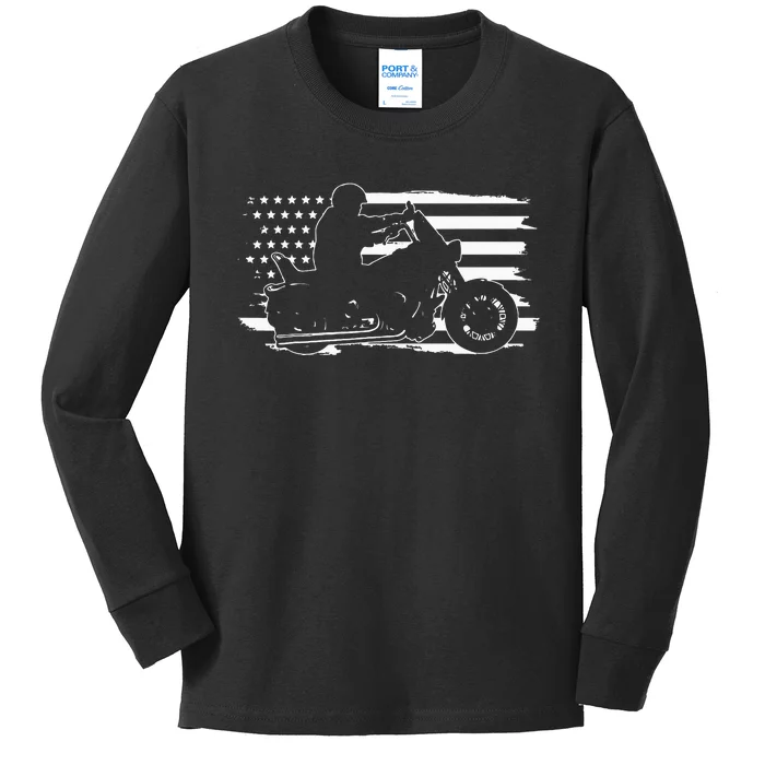 Patriotic Motorcycle Vintage American US Flag Biker Kids Long Sleeve Shirt