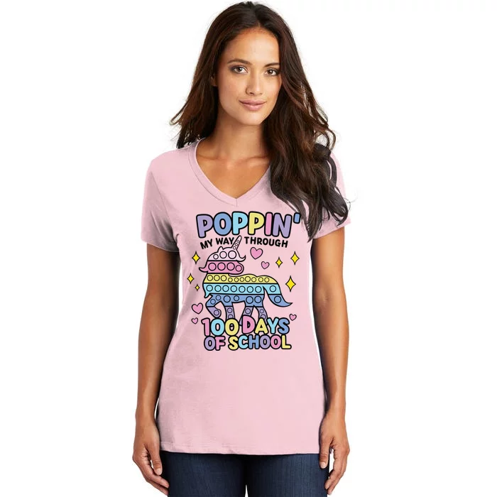 Poppin' My Way Through 100 Days Of School Rainbow Unicorn Fidget Toy Women's V-Neck T-Shirt