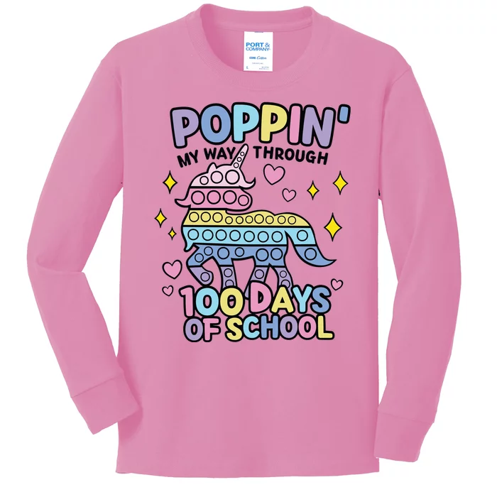 Poppin' My Way Through 100 Days Of School Rainbow Unicorn Fidget Toy Kids Long Sleeve Shirt