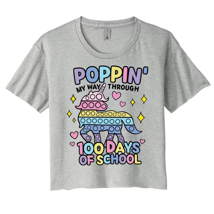 Poppin' My Way Through 100 Days Of School Rainbow Unicorn Fidget Toy Women's Crop Top Tee