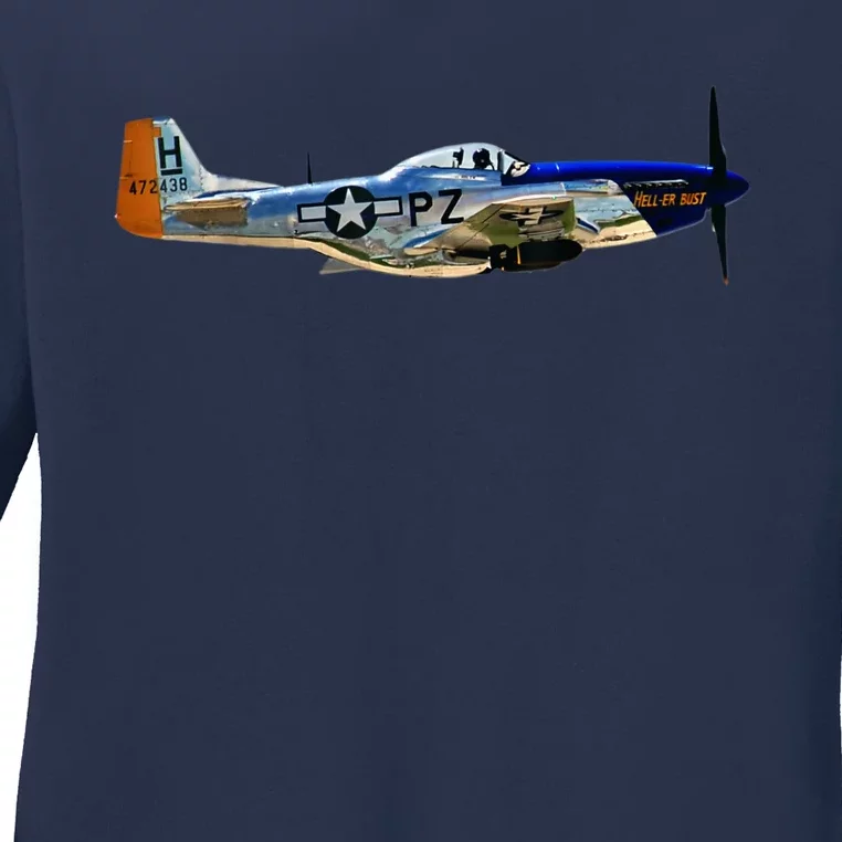 P51 Mustang WWII Fighter Plane US Military Aviation History Ladies Long Sleeve Shirt