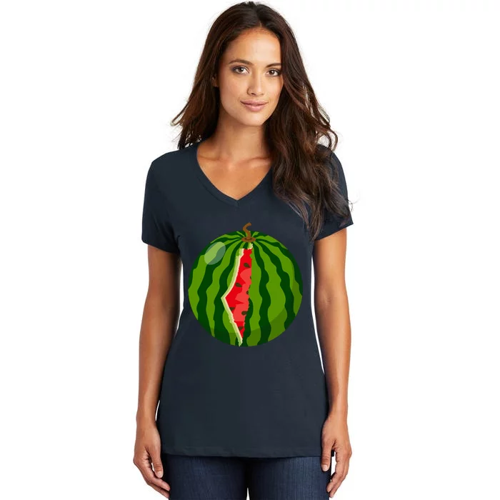 Palestine Map Watermelon Arabic Calligraphy Women's V-Neck T-Shirt