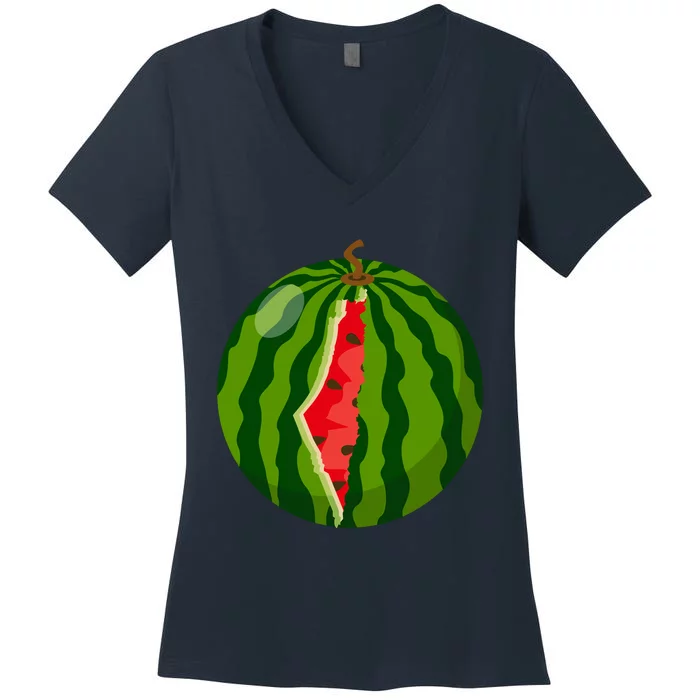 Palestine Map Watermelon Arabic Calligraphy Women's V-Neck T-Shirt