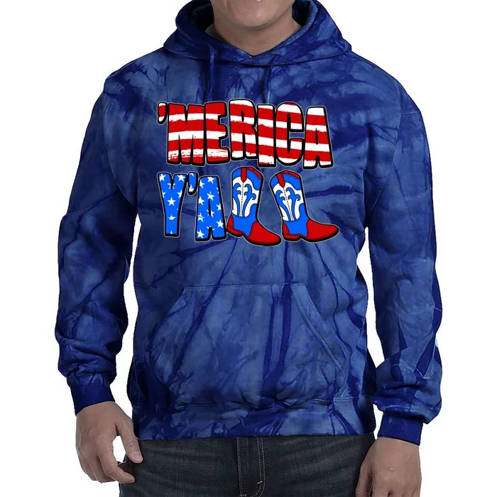 Patriotic Merica Yall Cowboy Cowgirl Boots Tie Dye Hoodie