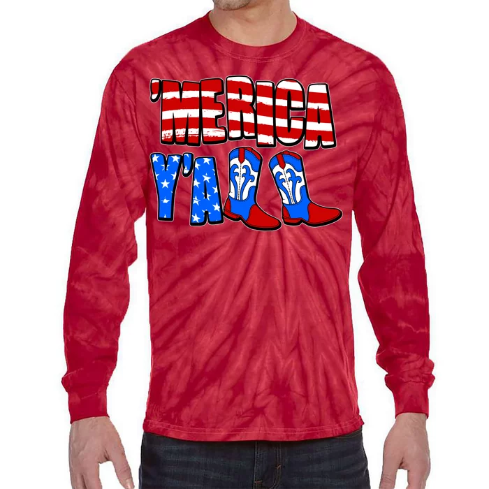 Patriotic Merica Yall Cowboy Cowgirl Boots Tie-Dye Long Sleeve Shirt