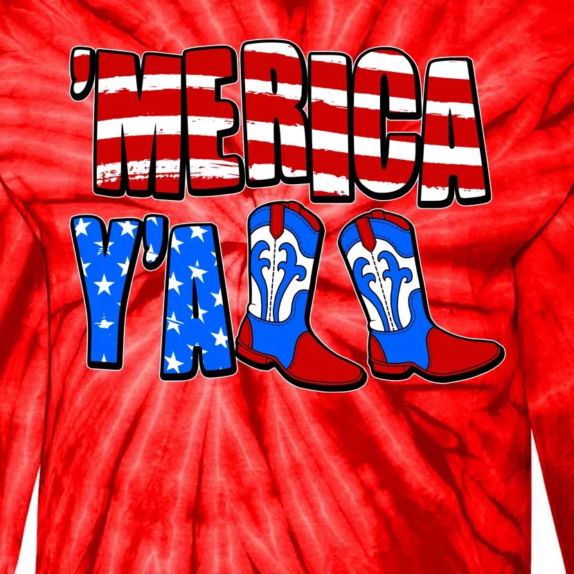 Patriotic Merica Yall Cowboy Cowgirl Boots Tie-Dye Long Sleeve Shirt