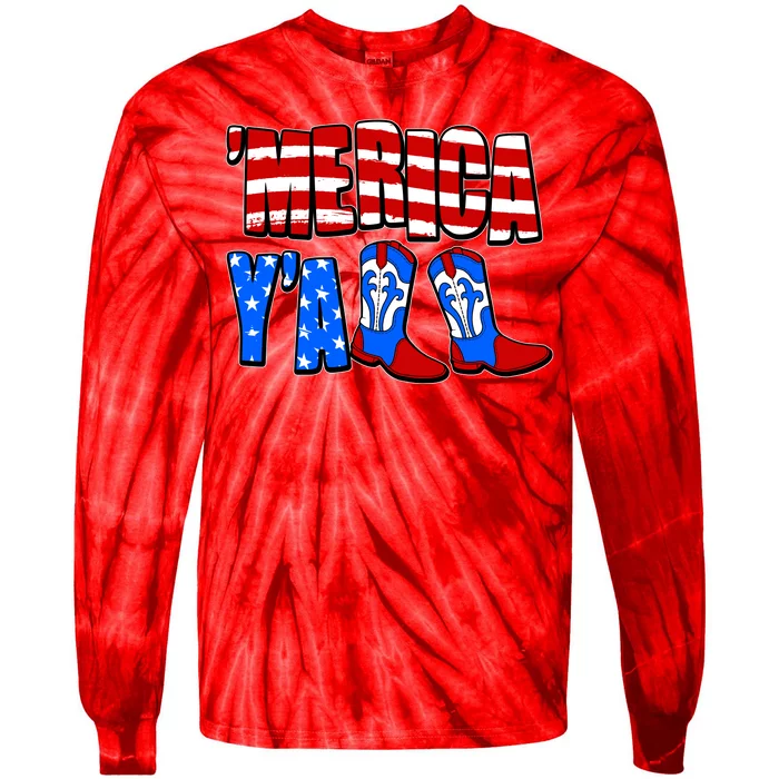 Patriotic Merica Yall Cowboy Cowgirl Boots Tie-Dye Long Sleeve Shirt