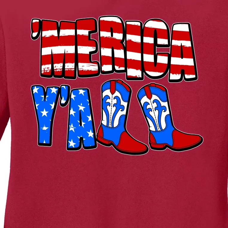 Patriotic Merica Yall Cowboy Cowgirl Boots Ladies Long Sleeve Shirt