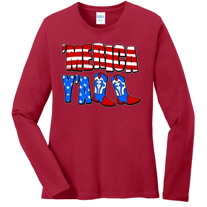 Patriotic Merica Yall Cowboy Cowgirl Boots Ladies Long Sleeve Shirt