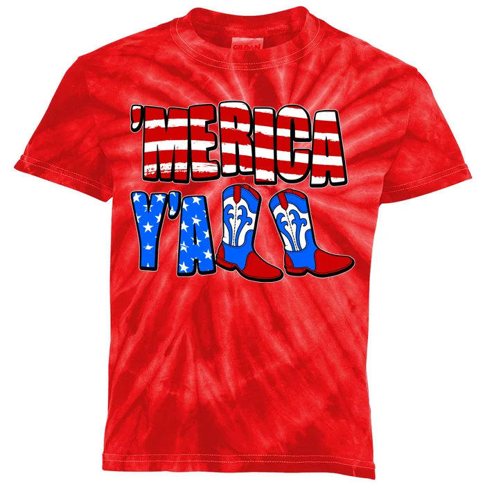 Patriotic Merica Yall Cowboy Cowgirl Boots Kids Tie-Dye T-Shirt