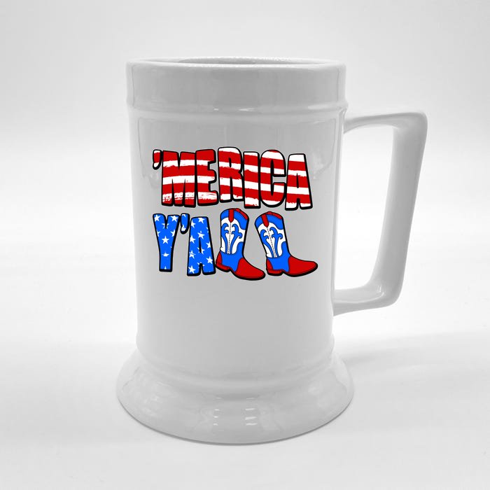 Patriotic Merica Yall Cowboy Cowgirl Boots Front & Back Beer Stein