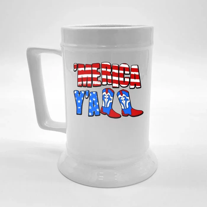 Patriotic Merica Yall Cowboy Cowgirl Boots Front & Back Beer Stein