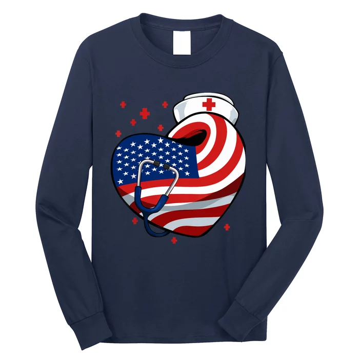 Patriotic Nurse 4th Of July American Flag Heart Stethoscope Long Sleeve Shirt