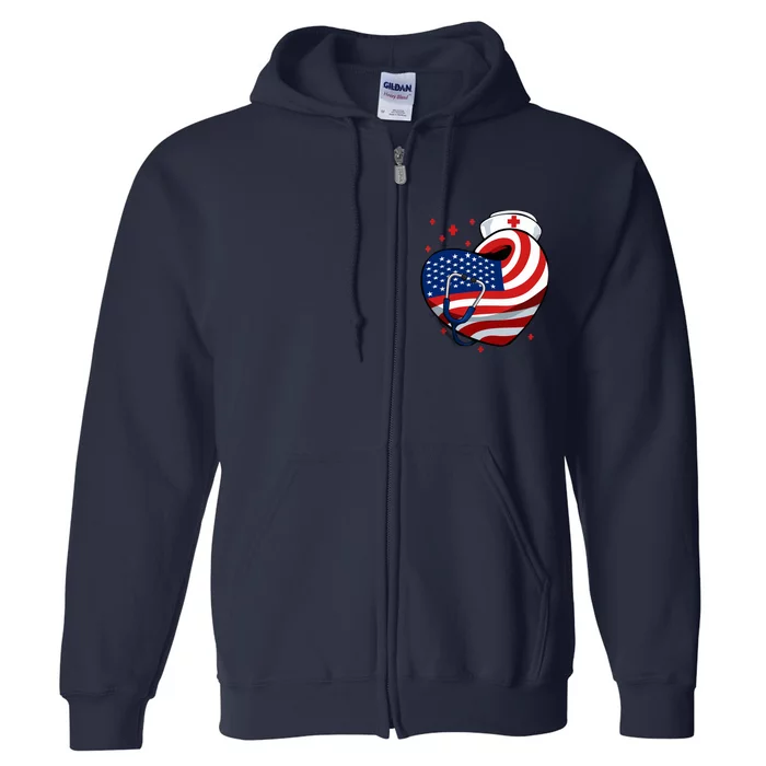 Patriotic Nurse 4th Of July American Flag Heart Stethoscope Full Zip Hoodie