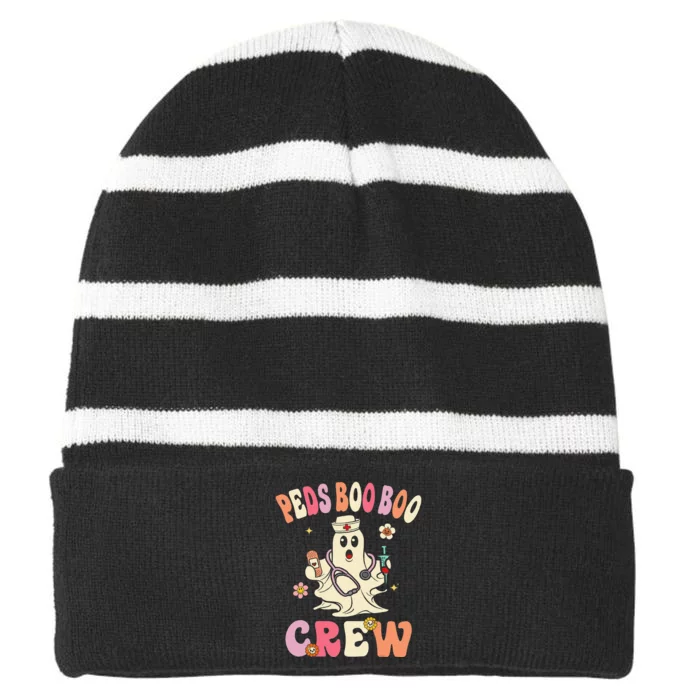 Peds Nurse Boo Crew Retro Halloween Pediatric Nurse Striped Beanie with Solid Band