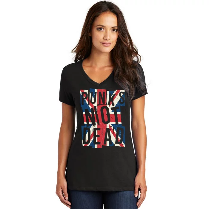 Punks Not Dead British Flag Britain England Women's V-Neck T-Shirt