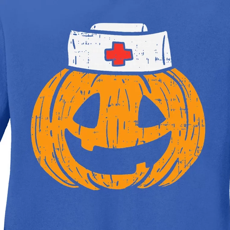 Pumpkin Nurse Funny Scary Halloween Costume RN CNA ICU Ladies Long Sleeve Shirt