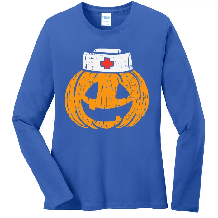 Pumpkin Nurse Funny Scary Halloween Costume RN CNA ICU Ladies Long Sleeve Shirt