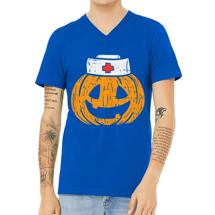 Pumpkin Nurse Funny Scary Halloween Costume RN CNA ICU V-Neck T-Shirt