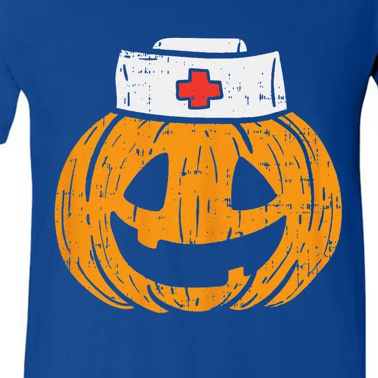 Pumpkin Nurse Funny Scary Halloween Costume RN CNA ICU V-Neck T-Shirt