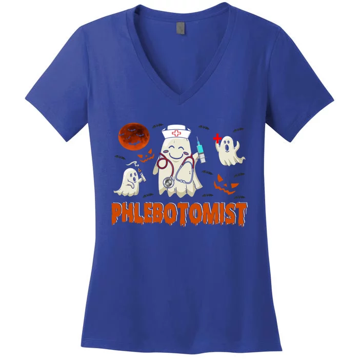 Phlebotomist Nurse Funny Boo Ghost Nurse Squad Halloween Cute Gift Women's V-Neck T-Shirt