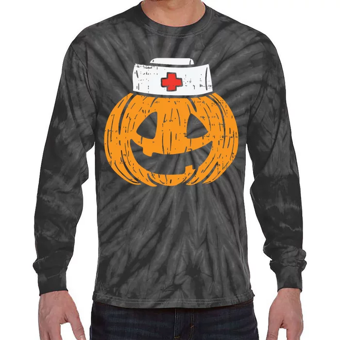 Pumpkin Nurse Funny Scary Halloween Costume Rn Cna Icu Girl Tie-Dye Long Sleeve Shirt