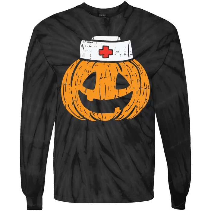 Pumpkin Nurse Funny Scary Halloween Costume Rn Cna Icu Girl Tie-Dye Long Sleeve Shirt