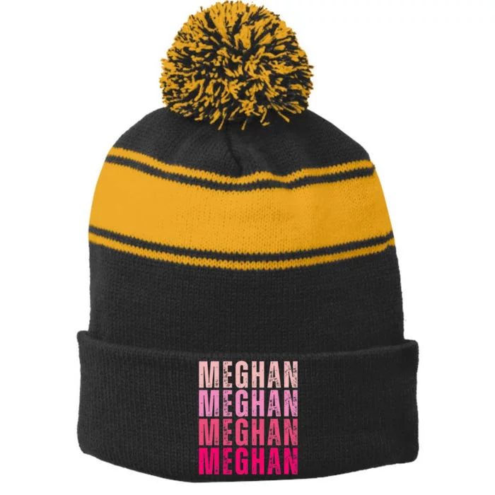 Personalized Name Meghan I Love Meghan Vintage 70S Stripe Pom Pom Beanie