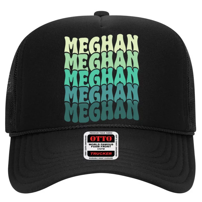 Personalized Name Meghan I Love Meghan Groovy 80S High Crown Mesh Trucker Hat