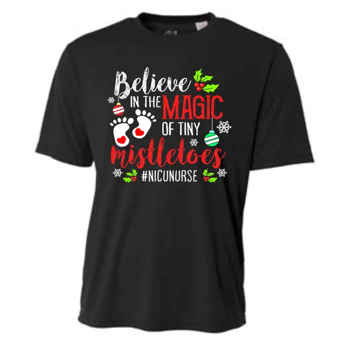 PEDS NICU Nurse Believin Magic Of Tiny Mistletoe Christmas Cooling Performance Crew T-Shirt