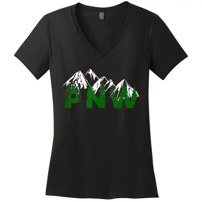 Pacific Northwest PNW Pine Trees Mountains Gift Women's V-Neck T-Shirt