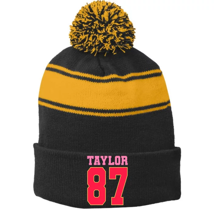 Pink Numbers Taylor 87 Stripe Pom Pom Beanie