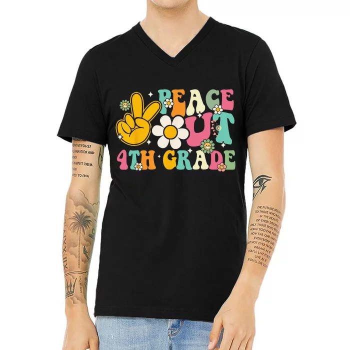 Peace Out 4th Grade Graduation Last Day Of School Groovy V-Neck T-Shirt