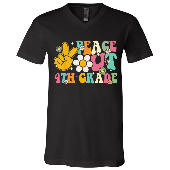 Peace Out 4th Grade Graduation Last Day Of School Groovy V-Neck T-Shirt