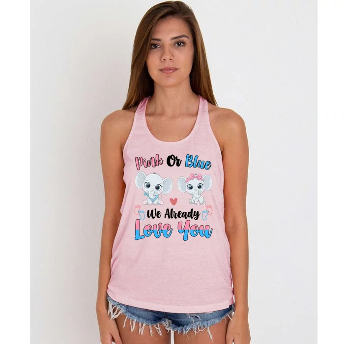 Pink Or Blue We Always Love You Funny Elephant Gender Reveal Gift Women's Knotted Racerback Tank