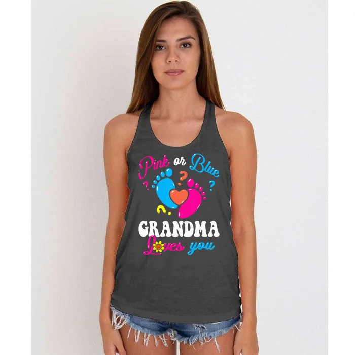 Pink Or Blue Grandma Loves You Baby Gender Reveal Party Women's Knotted Racerback Tank