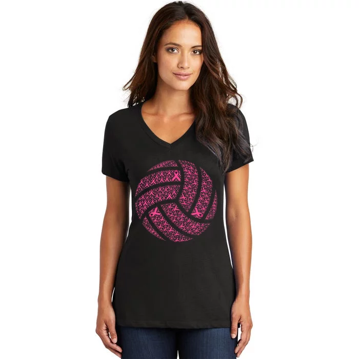 Pink Out Breast Cancer Awareness Pink Ribbon Volleyball Ball Women's V-Neck T-Shirt