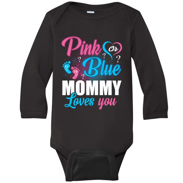 Pink Or Blue Mommy Loves You Gender Baby Reveal Party Baby Long Sleeve Bodysuit