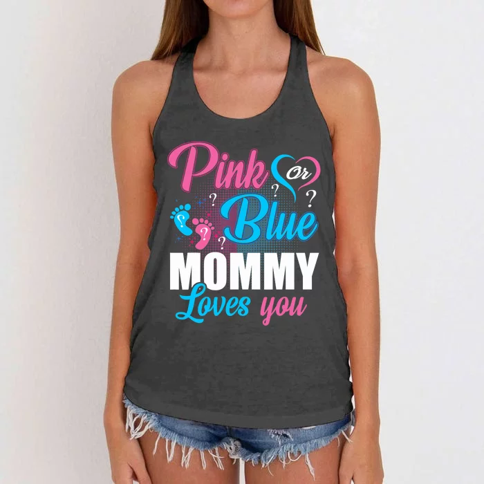 Pink Or Blue Mommy Loves You Gender Baby Reveal Party Women's Knotted Racerback Tank