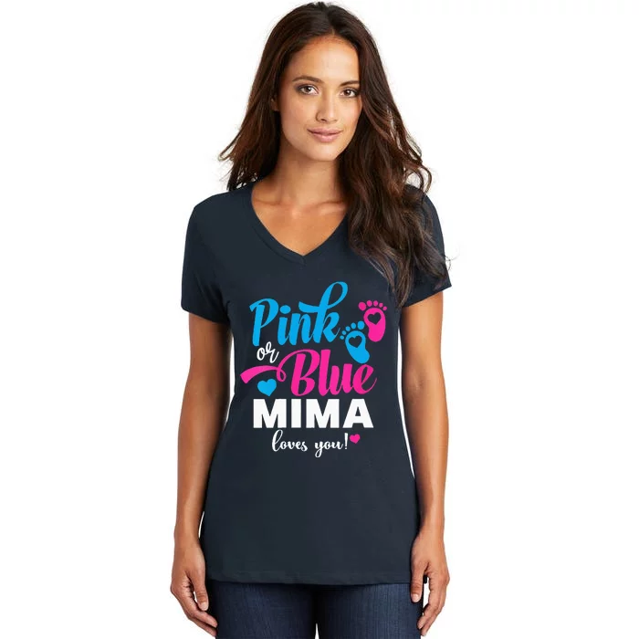 Pink Or Blue Mima Loves You Gender Reveal Baby Announcet Women's V-Neck T-Shirt