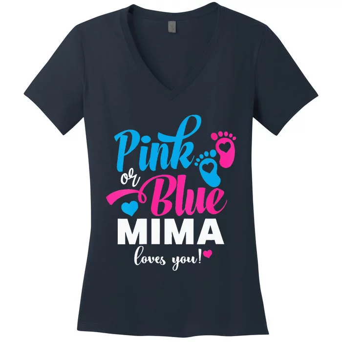 Pink Or Blue Mima Loves You Gender Reveal Baby Announcet Women's V-Neck T-Shirt