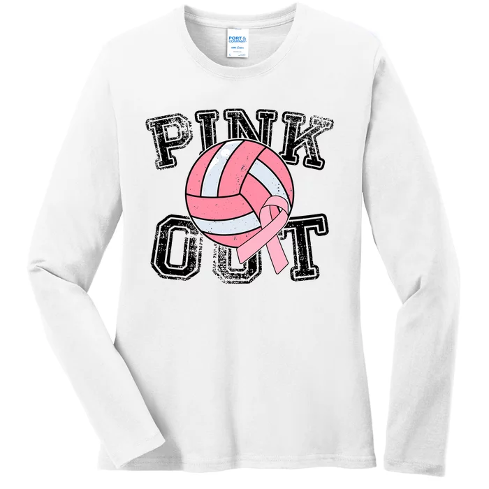 Pink Out Breast Cancer Awareness Pink Ribbon Volleyball Ladies Long Sleeve Shirt