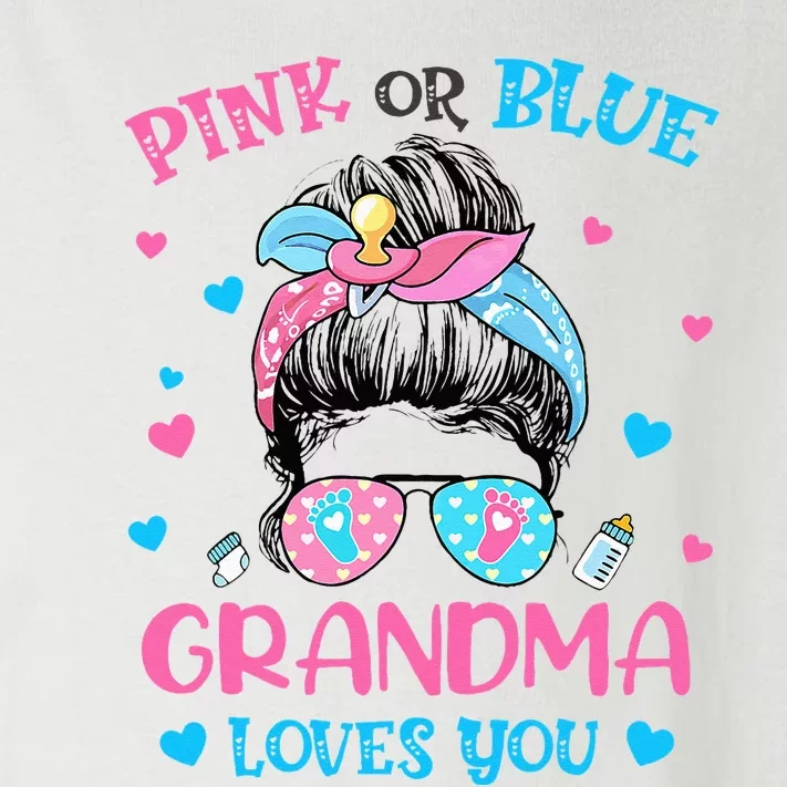 Pink or Blue Grandma Loves You Gender Reveal Messy Bun Toddler Long Sleeve Shirt