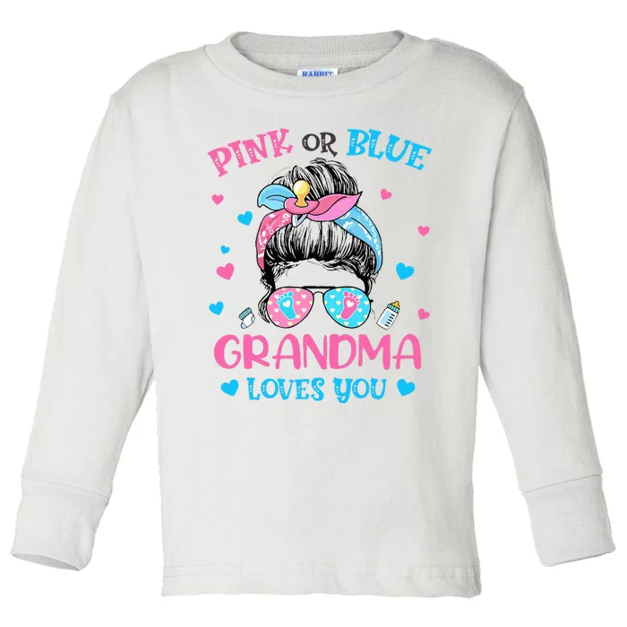 Pink or Blue Grandma Loves You Gender Reveal Messy Bun Toddler Long Sleeve Shirt